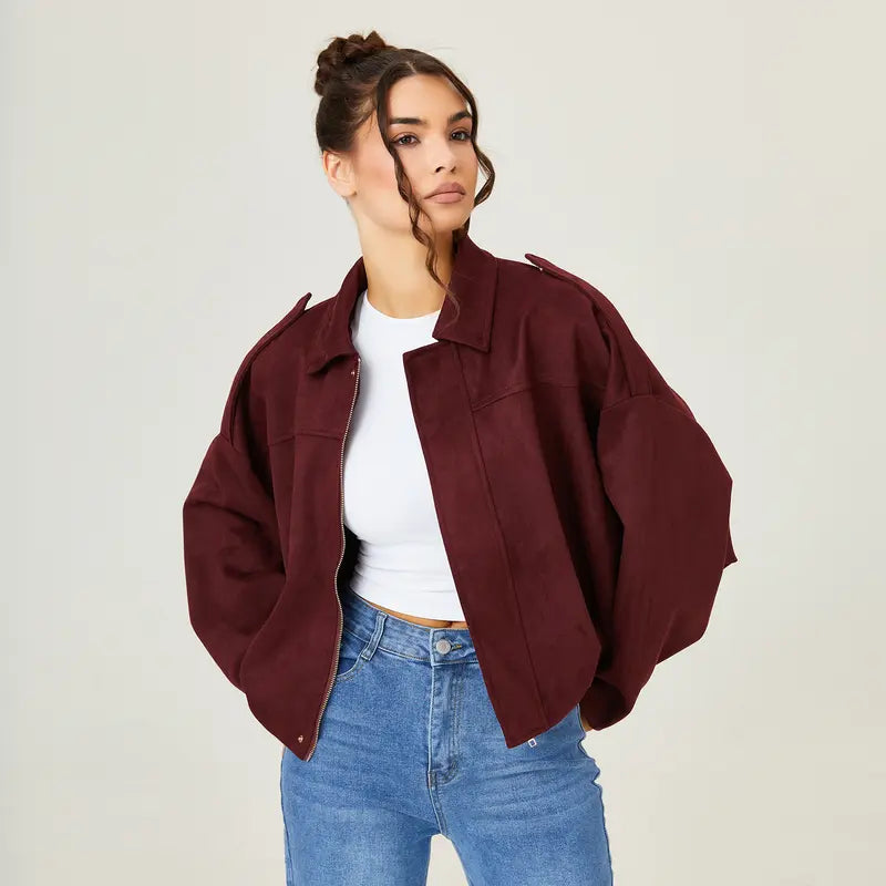 Katch Me Chic(US/CN)Women's Winter Vintage Collared Zipper Long Sleeve Jacket, Cozy Solid Color Oversized Outerwear for Lady, Versatile Loose Outfits for Daily Wear, Soft Womenswear #TikTokMadeMeBuyIt #SohoChic #ComfyOutfit