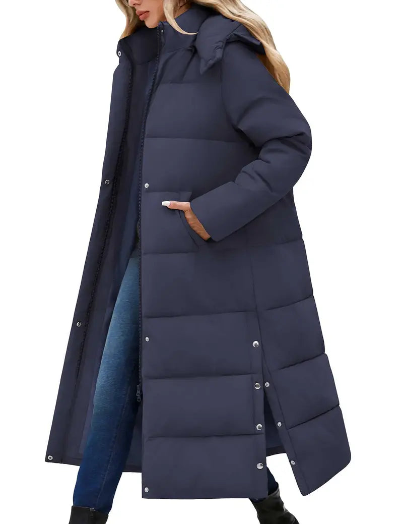 UMIPUBO Lady's Long Sleeve Fitted Casual Long Maxi Down Coat, Winter Puffer Jacket, Warm Padded Outerwear, Tops with Removable Faux Fur Hood, Full-Zip Parka