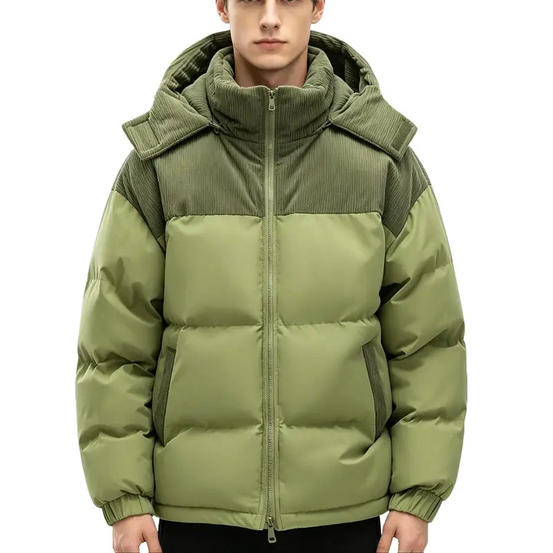 Men's Winter Color-Block Hooded Down Jacket - Thick, Warm, Loose-Fit, Detachable Hood, Contrasting Panels, Ideal for Everyday Commuting, Outdoor Activities