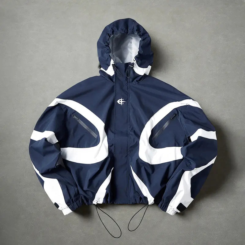 Men's Color-Block Patchwork Tiered Layer Polyester Windbreaker - Hooded Waterproof Medium-Length Zip-Up Jacket for Hiking, Commuting, Polyester Clothes, Machine Washable