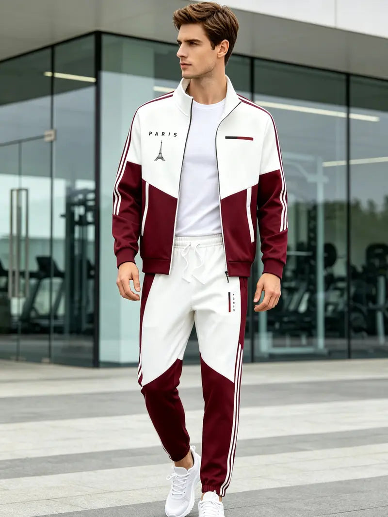 Men's 2-Piece Paris Logo Sportswear Set - Sports Outerwear Jacket & Jogging Pants, Geometric Print, Stand-Up Collar, Zipper Closure, Color-Matching Design, All-Season Streetwear Fashion Apparel Clothes Suits