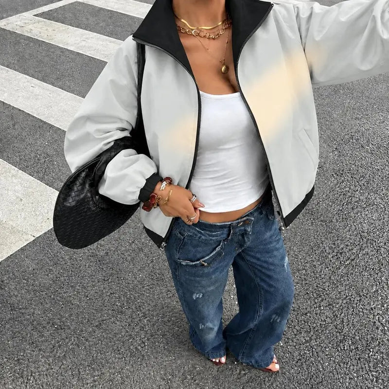 Women Reversible Zip Up Track Jacket, Striped Sleeve Stand Collar Windbreaker, Two Wear Ways Loose Drop Shoulder Outerwear, Elastic Cuffs Casual Athletic Coat, Lightweight Reversible Sport Jacket For Daily Streetwear, Shopping And Weekend Hangouts