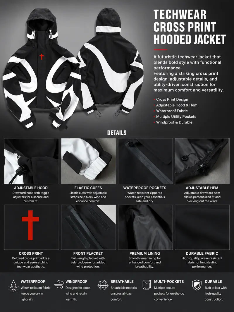 Men's Baggy Cross-Print Hooded Zip-Up Techwear Windbreaker Jacket - Textured Woven Fabric, Waterproof, Long-Sleeve, Lightweight, Unisex Fit, Patchwork, Outdoor/Party/New Year Wear, Biker Streetwear Work Top