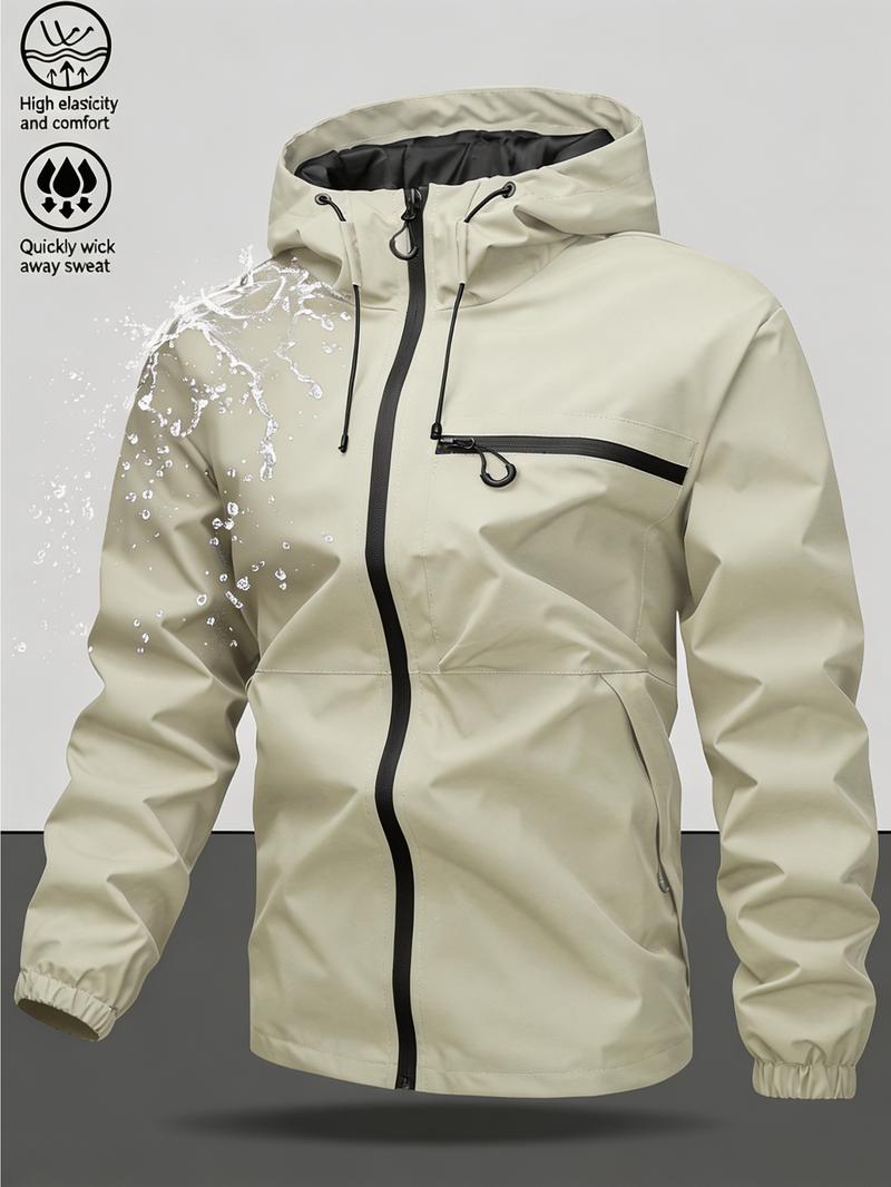 Men's Fitted Solid Woven Hooded Jacket - Waterproof, Windproof, with Zippered Pockets for Outdoor, Casual Wear