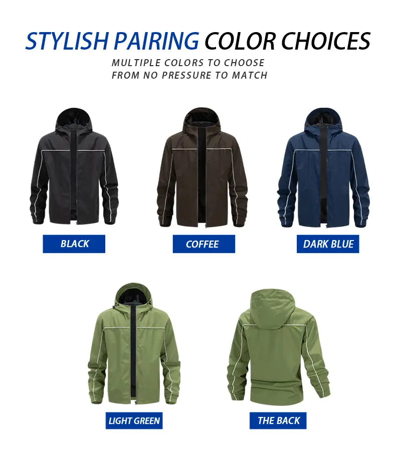 Men’s 3-Pack Hooded Full-Zip Lightweight Jackets, Reflective Piping Windbreaker Coats, Casual Outdoor Zip-Up Jackets with Elastic Cuffs & Hem, Fall/Spring Everyday Streetwear, Black/Navy/Green