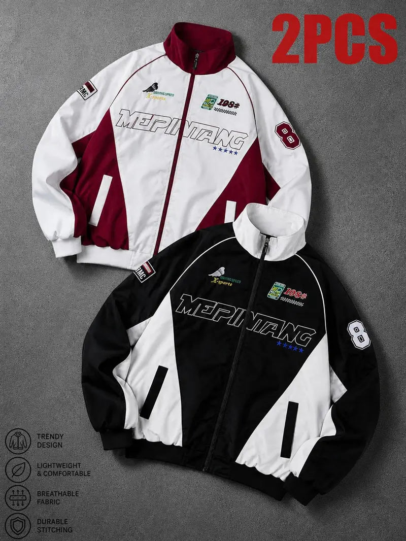 Men’s Thin Windproof Polyester Casual Racing Jacket - Lightweight, Embroidered Fashion Pattern Outerwear, Breathable Sporty Active Urban Moto Men's Jacket, Unisex All-Season Coat, Breathable Jacket