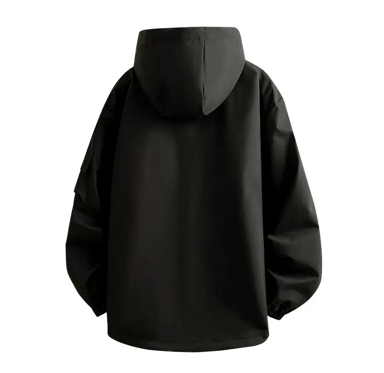 Men’s hooded windbreaker jacket, water-resistant fabric loose cargo outerwear with multiple zippered pockets, everyday outdoor casual top
