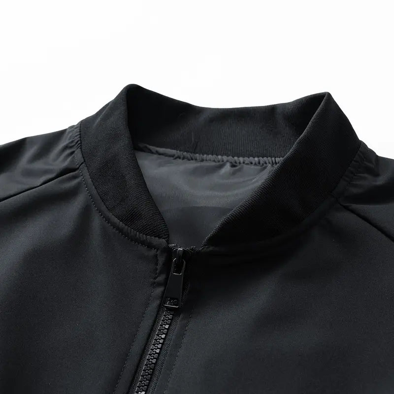 Men's Retro Long-Sleeve Plain Baseball Bomber Jacket - American-Style Lightweight Windproof Waterproof Fitted Streetwear Outerwear, Casual Daily Clothes