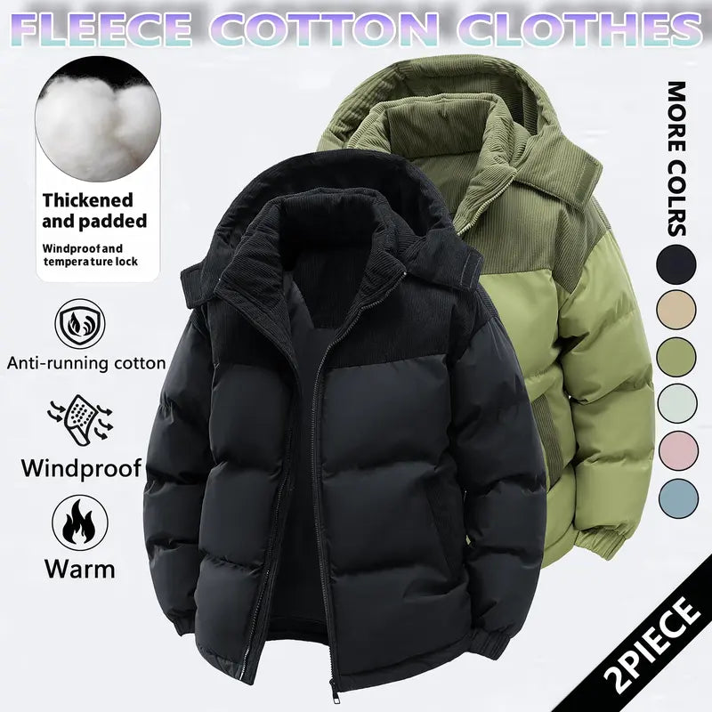 Men's Cotton Winter Coat Hooded Fleece-Lined Color-Block Jacket Casual Everyday Outerwear, Removable Hood, Windproof Padding, Thick Insulated, Anti-Running Cotton, Easy to Pair - Couples Style