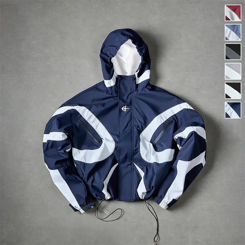 All Season Curved Contrast Spliced Fixed Hood Wind Jacket for Men, Tiny Chest Logo Velcro Cuffs & Drawstring Bottom Hem, Durable Light Zip Up Outer Coat for Shopping Training Street Style