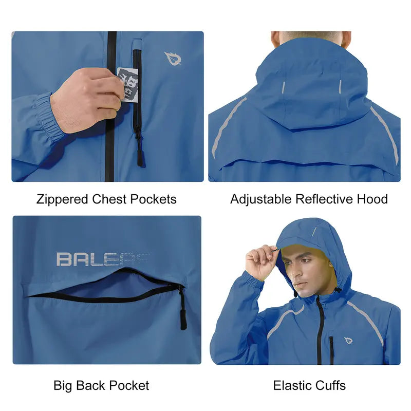 Baleaf Men's Packable Long Sleeve Synthetic Rain Jacket - Reflective, Waterproof, Wind Resistant Outerwear, Lightweight Hooded, Machine Washable Outdoor Everyday Wear for Cycling, Hiking