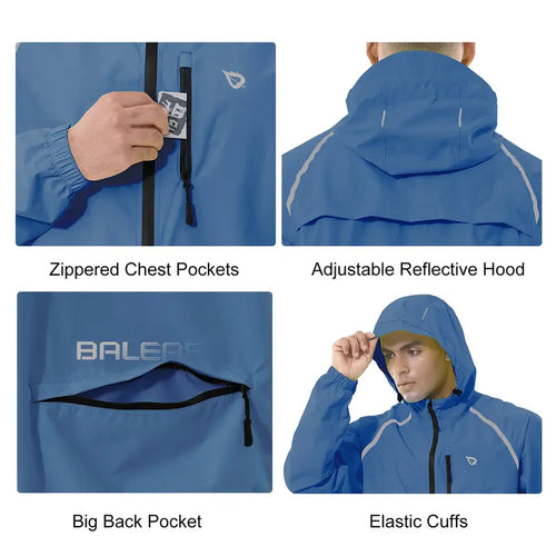 Baleaf Men's Packable Long Sleeve Synthetic Rain Jacket - Reflective, Waterproof, Wind Resistant Outerwear, Lightweight Hooded, Machine Washable Outdoor Everyday Wear for Cycling, Hiking