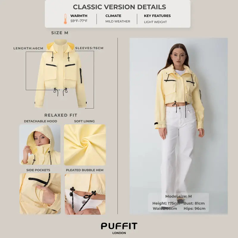 PUFFIT STM-TEX Elevated Cropped Detachable-hood Rain Jacket With Drawstring Hem,WaterProof,Stain Resistant,Windproof,Women's Rain Jacket,Breathable Stylish,Inner Pocket Design,Outdoor Sport,Windbreaker,School Running,Womenswear,,Fall,Winter,2026 S...