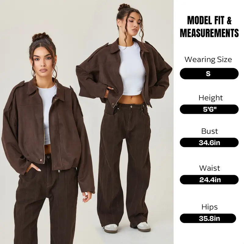 Katch Me Chic(US/CN)Women's Winter Vintage Collared Zipper Long Sleeve Jacket, Cozy Solid Color Oversized Outerwear for Lady, Versatile Loose Outfits for Daily Wear, Soft Womenswear #TikTokMadeMeBuyIt #SohoChic #ComfyOutfit