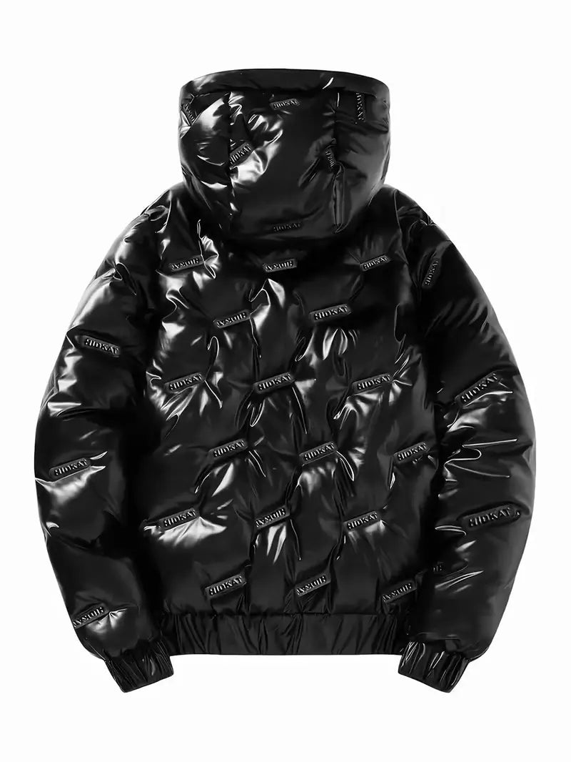 Men’s glossy hooded down jacket, thick warm short padded outerwear for winter, windproof coat suitable for cold weather