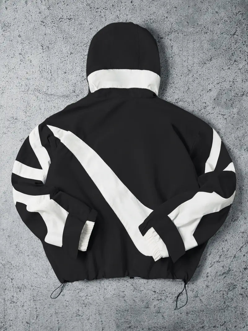 Men’s Color-Block Hooded Polyester Outdoor Jacket - Wind-Resistant Outerwear, Drawstring Hem, Stylish Sportswear for Hiking/Light Outdoor, Everyday Outings