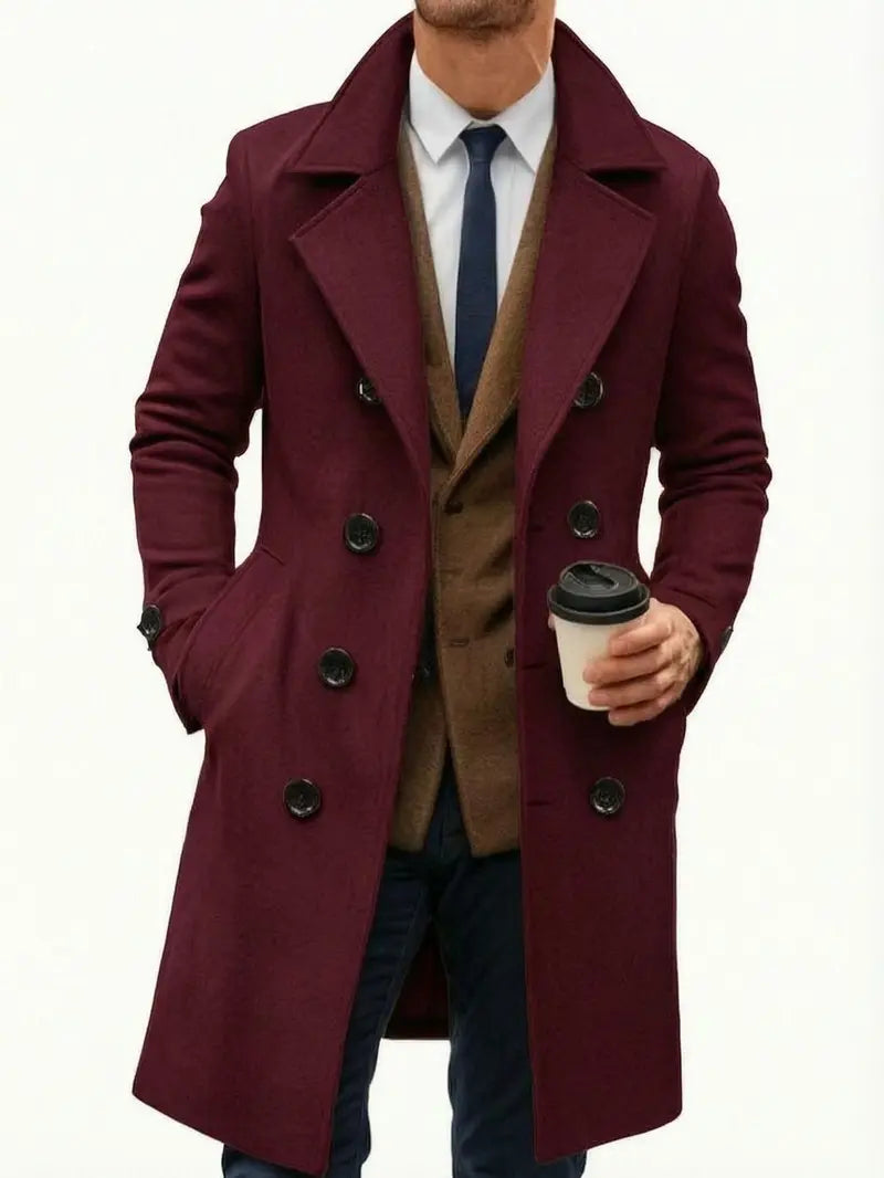 Men’s long trench coat jacket with notched lapel collar, double-breasted design, slim fit, classic mid-length overcoat