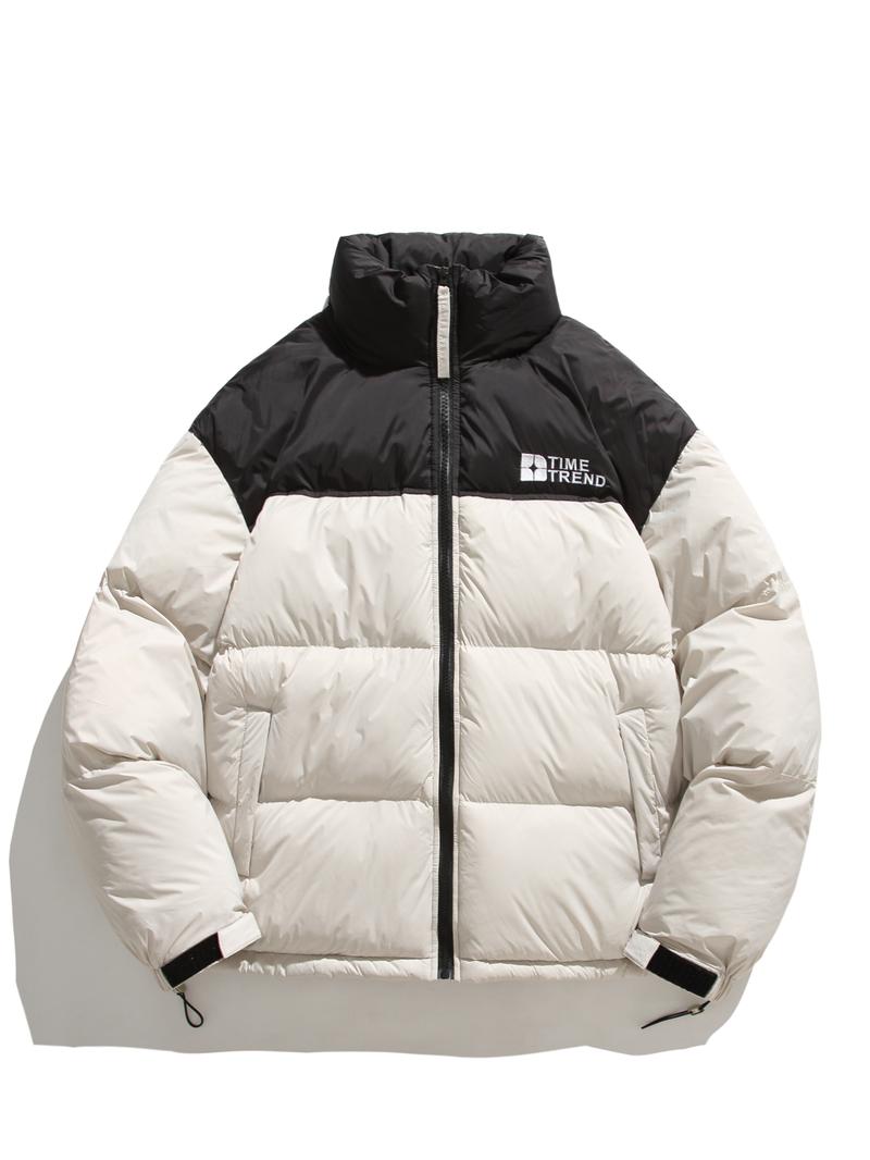 Men’s Winter Contrast‑Color Stand Collar Puffer Jacket, Windproof Warm Regular‑Fit Outer Coat, Casual Loose Outerwear for Daily Lifestyle & Outdoor Activities
