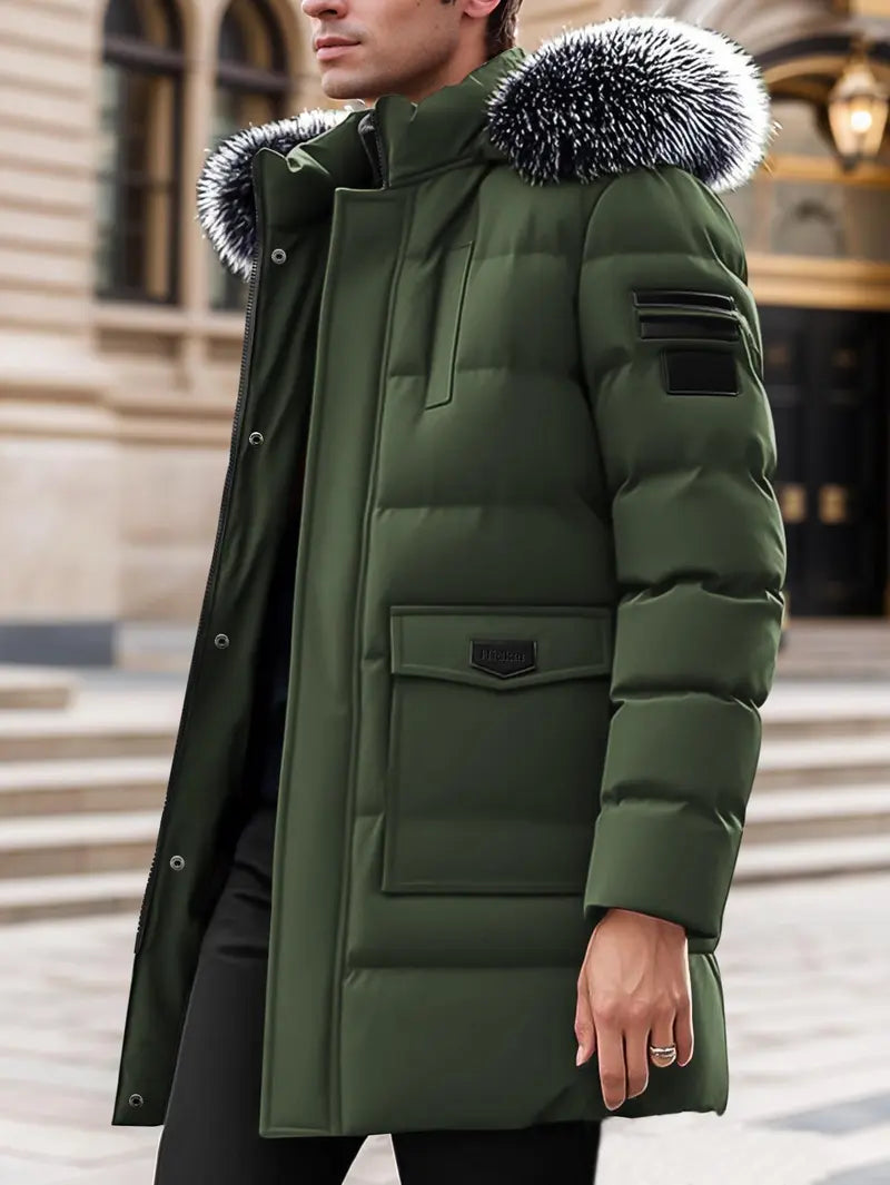 Men's Winter Heavy-duty Long Parka Coat, Thick and Warm Insulation, Detachable Faux Fur Hood Pocket with Large Pocket, Suitable for Skiing and Commuting