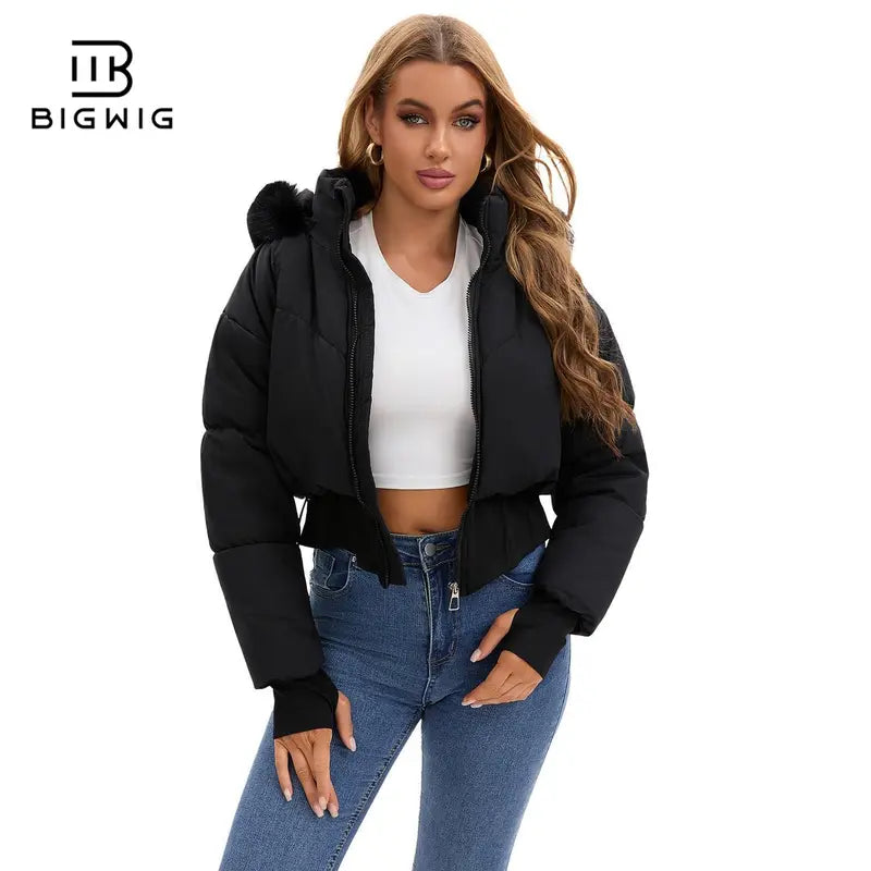 BIGWIG Women's Fitted Long-Sleeve Short Down Parka - 2025 Fashion New Style, Hooded, Stand-Up Collar, Quilted Filling, Zipper Closure, Outerwear Coats for Autumn & Winter Outings