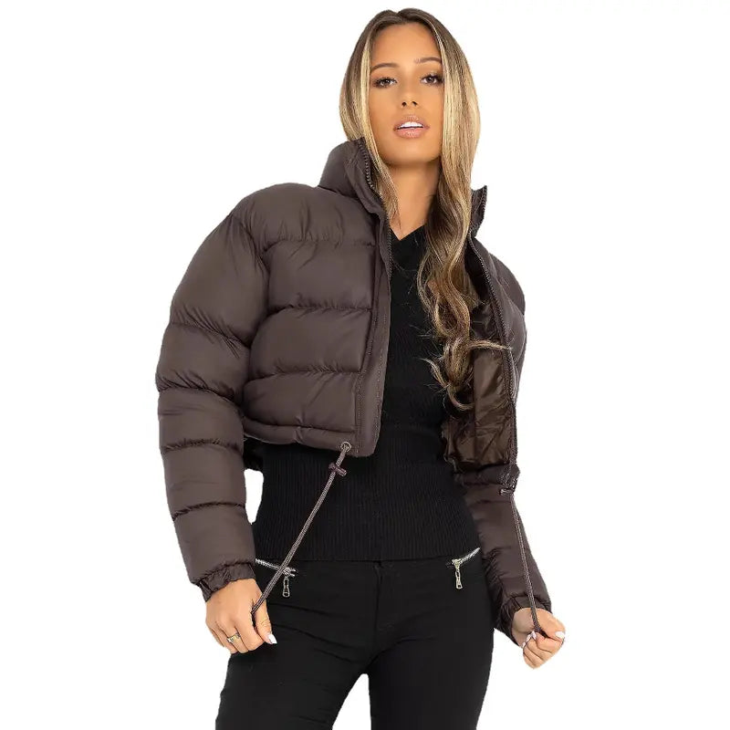 BIGWIG women's short down jacket, zipper thickened quilted short coat, drawstring winter down jacket, autumn and winter cotton jacket, windproof, waterproof and cold-proof cotton jacket, puffer jacket, fashionable zipper stand collar