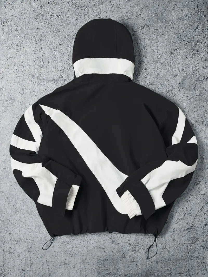Men’s color-block hooded windproof jacket — loose street-style hoodie, lightweight casual outerwear with zippered pockets