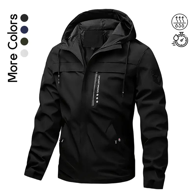Men's Lightweight Hooded Windbreaker Jacket - Casual Outdoor Fashion Coat with Utility Pockets & Sleeve Patch Beige Long Sleeve