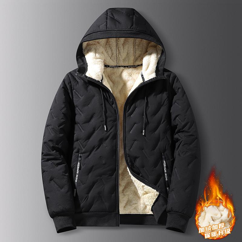 2026 New Stylish Menswear Men's Hooded Cotton-Blend Coat Jacket - Long-Sleeve, Plain, Casual, Warm Fleece-Lined Top with Ultrasonic Cotton Toothbrush Print, Fitted Cut, Medium Length, Attached Hood