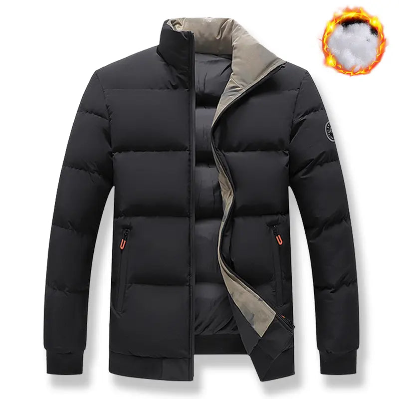Men's Plain Fitted Long-Sleeve Windproof Stand-Collar Jacket - Zipper Closure, Cold-Weather Outerwear, S Size