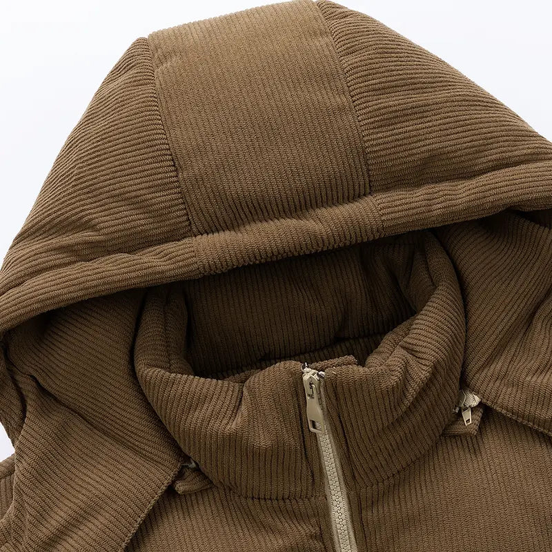 Men's Minimalist Woven Cozy Hooded Down Jacket - Polyester-Filled Velvet Cotton Fabric, Winter Color Block, Long-Sleeve, Detachable Cap, Warm Overcoat, Pockets, Pull-On Style, Fitted Cut for Party, Easter, Cozy Hooded Fit