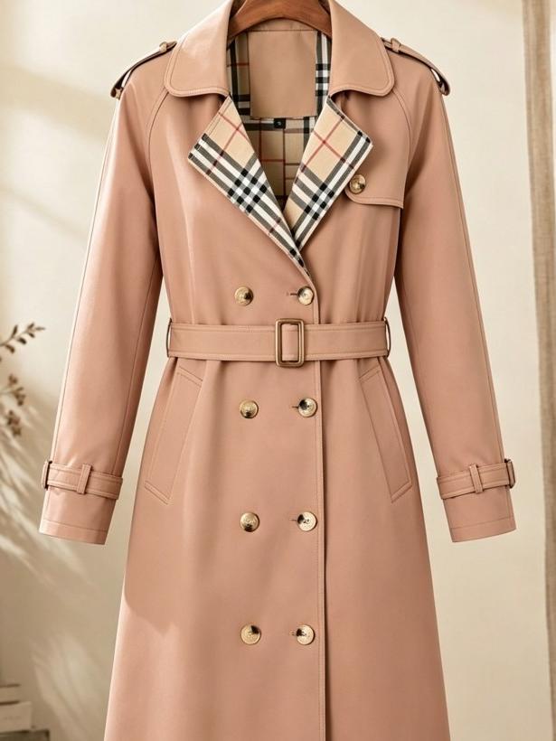 New autumn women’s loose long coat featuring a double-breasted design, khaki trench style, notched lapel with plaid lining, and an adjustable waist belt that cinches the silhouette—an essential piece for spring and autumn outfits.sohochic sohochic...