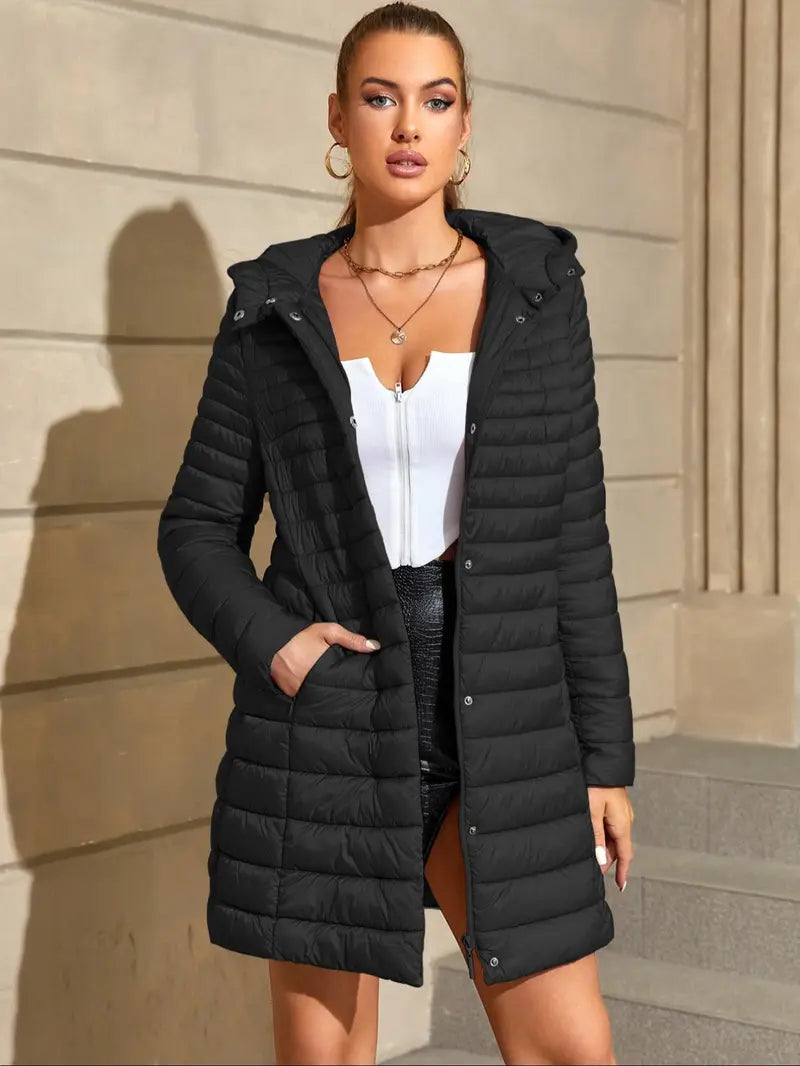 Women's Mid-Length Puffer Coat, Casual Hooded Top with Pockets and Buttons, Fall & Winter Warm Woven Outerwear, Lightweight Thick Fabric Womenswear