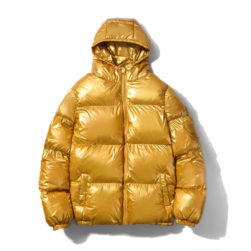 Mens Shiny Glossy Smooth Puffer Jacket - Zip-Up Hooded, Thick Cotton-Padded Menswear Garment, Ribbed, Windproof Thermal, Loose Fit, Clean Minimalist Stylish Casual Streetwear, Side Pockets for Cold Winter Comfort