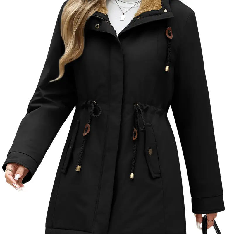 Parka Jacket Women Waterproof Fleece Lined Hooded Warm Winter Coat with Pockets for Daily Commute & Outdoor