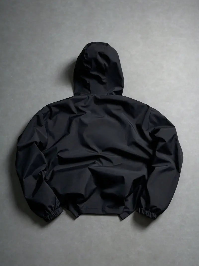 Men’s Fitted Short Hooded Windproof Hardshell Jacket - Adjustable Hood, Polyester Fabric, Lettering Detail, for Outdoor Hiking, Daily Commuting, Outfits