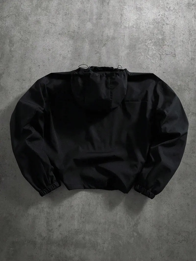 Men's Fashion Techwear Windbreaker Jacket - Hooded Drop-Shoulder Full-Zipper Top, Smooth Polyester, Reflective Sleeves, Water-Resistant, Long, Loose, Elastic, Pocket, Streetwear Outerwear