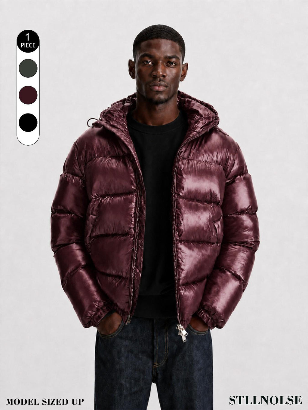 Men's Glossy Hooded Puffer Jacket, Full Zip Quilted Outerwear with Elastic Cuffs for Fall Winter Streetwear & Everyday Layering, Model Wears One Size Up for a Relaxed Look