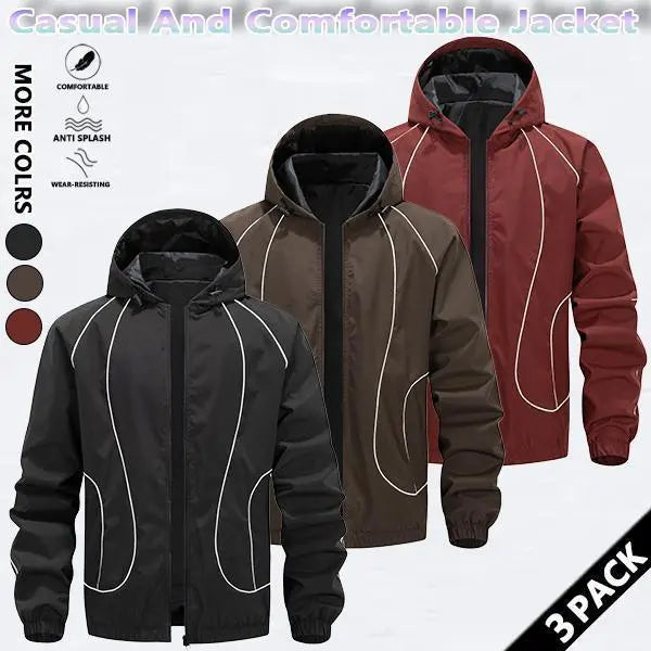 Men's Chic Woven Waterproof Windproof Front Zip Hooded Jacket - Rain-Ready Year-Round Menswear Top Coat with Drawstring, Striped Print, Zipper Pockets, Suitable for Outdoor Activities - SpringStatements