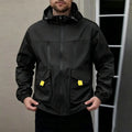 Men's Black Hooded Windbreaker Coat - Menswear Tops, Multi-Pocket Design with Yellow Contrast Tabs, Drawstring Adjustable Hood, Elastic Cuffs & Hem, Water-Repellent Fabric, Full Zip, Plain, Machine Wash for Spring Autumn Urban Street Casual Outfits
