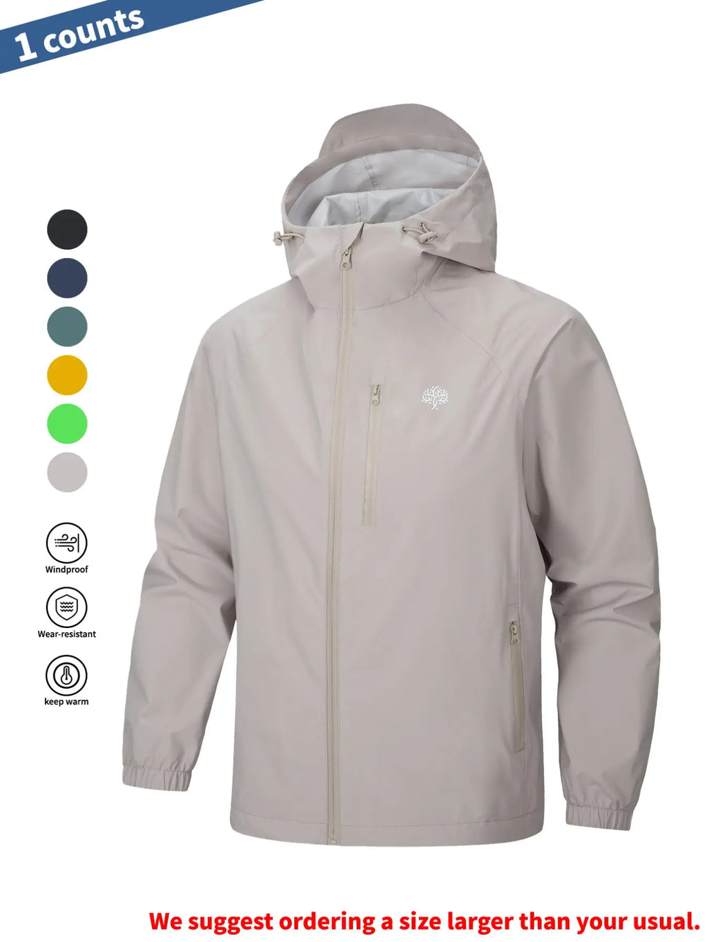 Men's Casual Sporty Hooded Jacket, Long Sleeve with Zipper & Pockets, Windproof & Waterproof, Lightweight & Soft, Ideal for Hiking, Cycling & Camping, Outerwear, Sports Casual Jacket