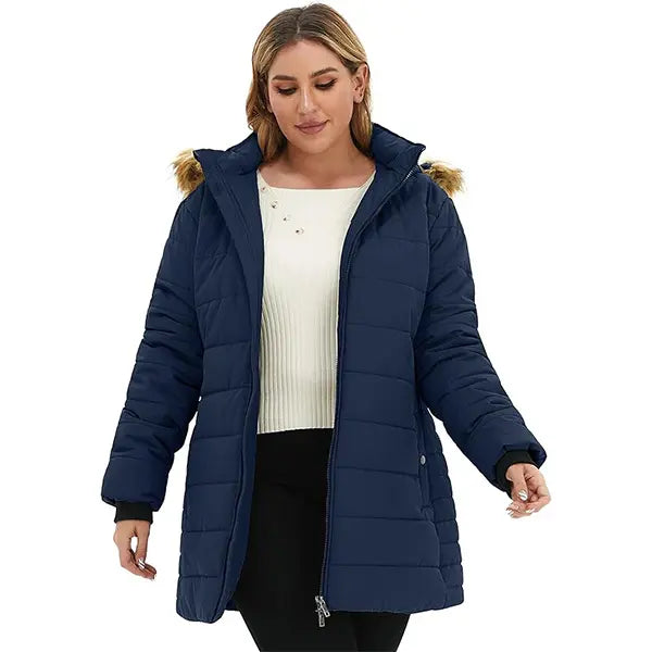 Women's Plus Size Quilted Mid-Length Polyester Puffer Coat - Long Sleeve, Water-Proof, Thick Keep Warm Jackets & Coats, Light Fabric, Flattering Fit Outerwear for Ladies