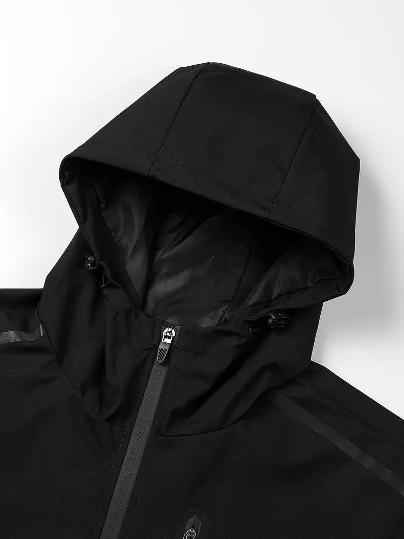 Men’s Color-Block Hooded Hardshell Coat - Tear-Resistant, Wear-Resistant Menswear with Contrast Zip, Multiple Waterproof Zippered Pockets, Adjustable Drawstring Hood, Long-Sleeve Outerwear for Autumn/Winter Mountaineering, Hiking