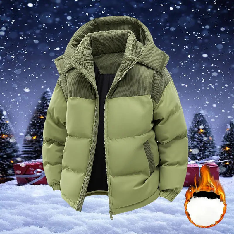 Men’s hooded puffer jacket for warmth and cold protection, corduroy panel color-block winter coat, suitable for extreme cold snow skiing and everyday casual wear.