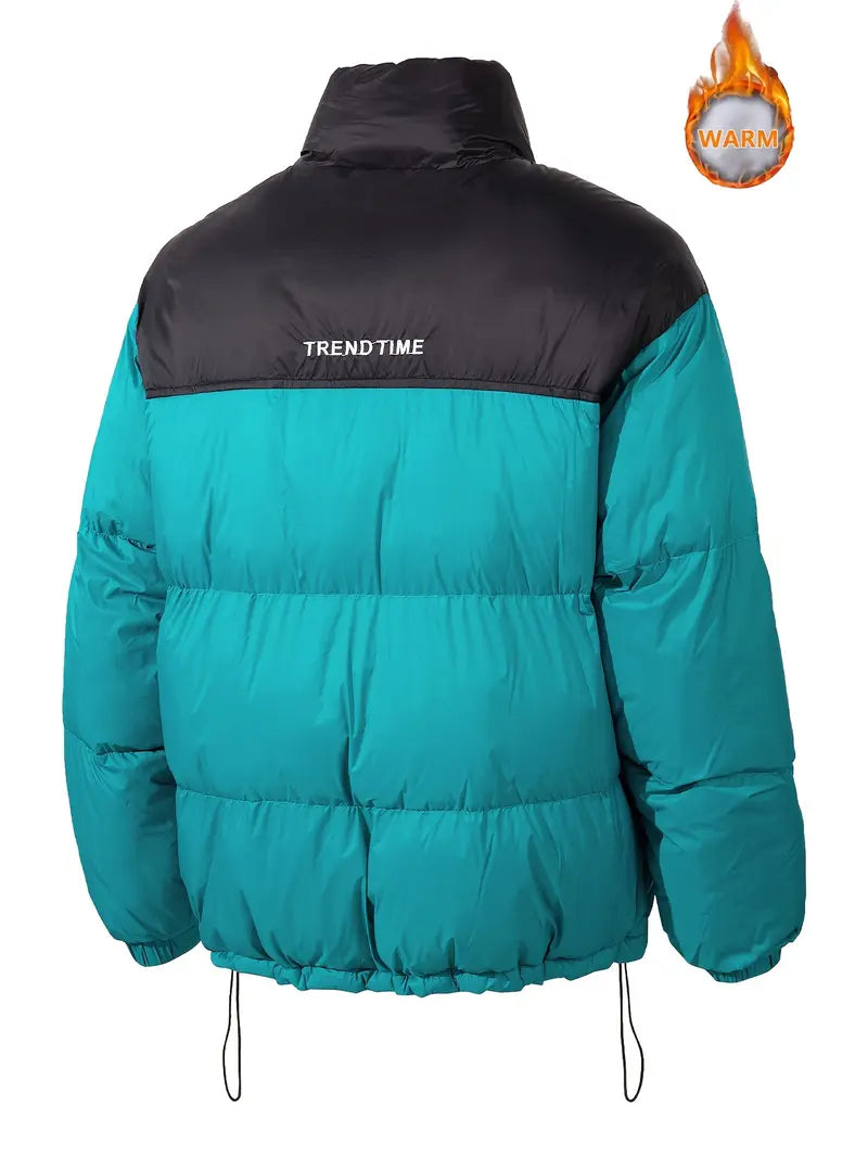 Men’s Winter Contrast‑Color Stand Collar Puffer Jacket, Windproof Warm Regular‑Fit Outer Coat, Casual Loose Outerwear for Daily Lifestyle & Outdoor Activities
