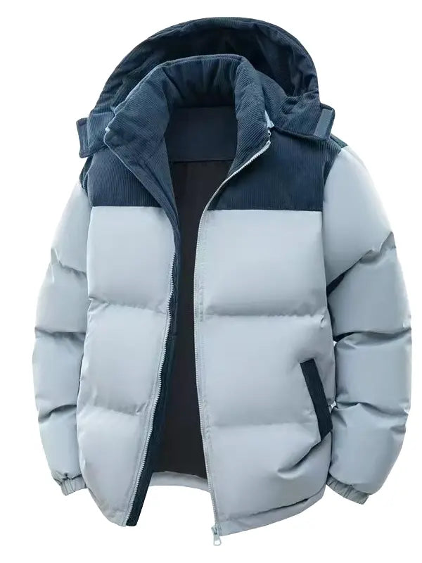 ColorArea men’s retro fleece-lined hooded winter jacket with detachable hood, color-block design, couples’ style long-sleeve khaki outerwear jacket