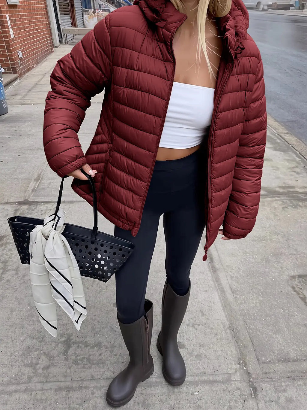 Women's Winter puffer Jacket, Casual Fitted Hooded Quilted Coat with Pockets, Warm Lightweight Commuter Outerwear for Fall & Winter