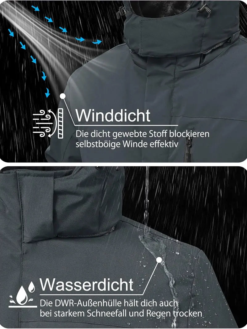Zoofly Men's Waterproof Zip-Up Insulated Fleece Layered Ski Jacket with Hood, Polyester Shell, Outdoor Pockets, Insulated Hiking Jacket for Winter Outdoor Activities
