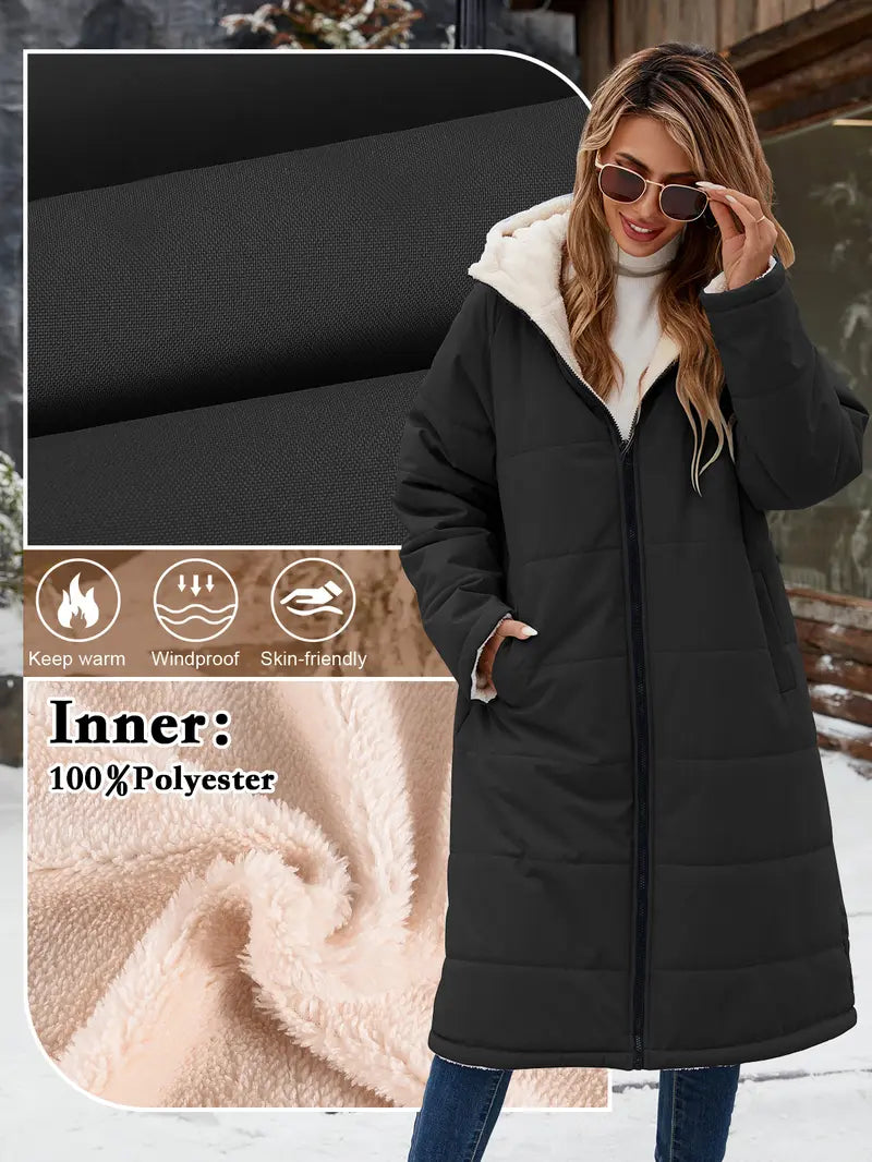 【Pre‑Season Price】HEEKPEK Women's Oversized Sherpa Fleece Lined Long Hooded Puffer Coat - Long Sleeve, Windproof, Waterproof, Insulated, Basic, Casual, Athletic, Outdoors Waterproof Wear