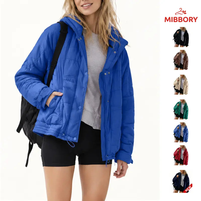 Mibbory Quilted Down Jacket for Women 2026 Fall Winter Fashion Short Hooded Puffer Coat | Full Zip Snap Button Storm Flap Drawstring Hem Adjustable Cuff Quilted Jacket with Pockets, Oversized Loose Warm Outwear, Lightweight Packable Winter Coat