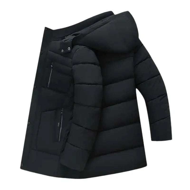 Men's Mid-Length Padded Casual Fashionable Jacket - Menswear Tops, Longsleeves, Detachable Hood, Windproof, Winter Warm-Lined, Plain Polyester, Pull-On, Lightweight Daily Outerwear